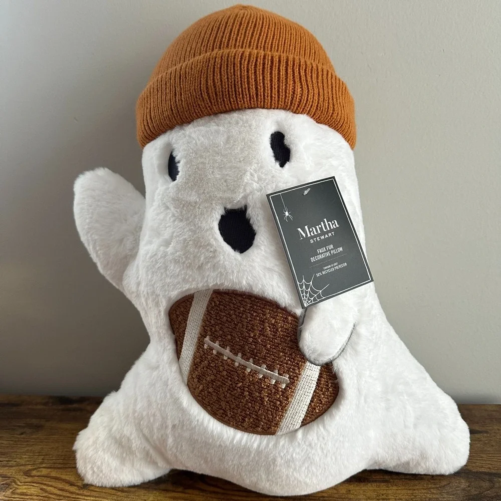 New Martha Stewart Ghost Holding Football Pillow Beanie Brown Sports Superbowl